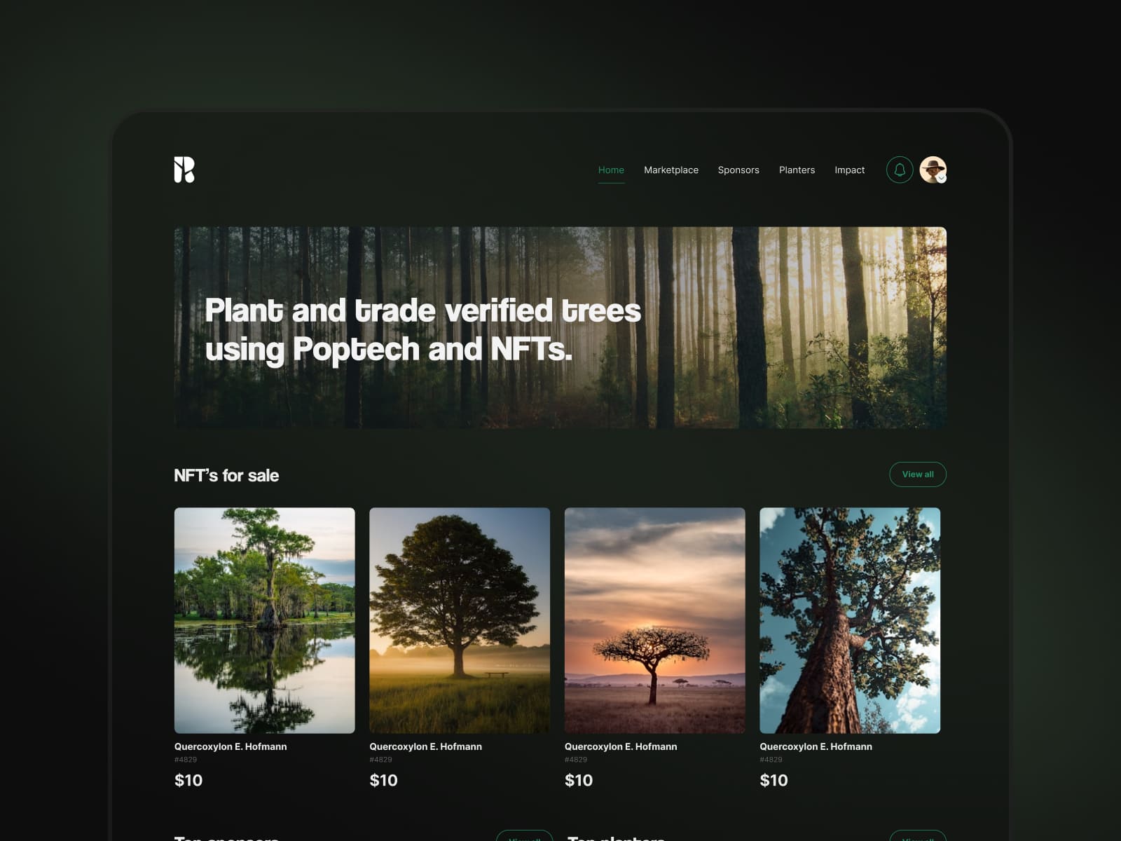 Tree-planting NFT marketplace dashboard